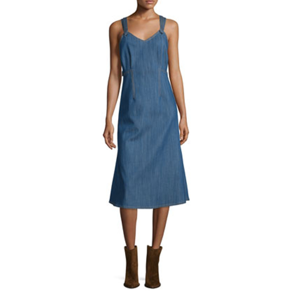 Adam Lippes Blue Stretch Cotton Denim Sleeveless V-Neck Tank Midi Dress Sz 2 - Picture 2 of 16
